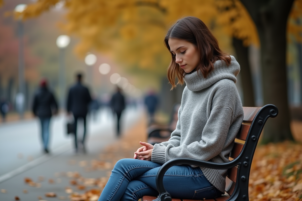 Jeune femme assise seule sur un banc en automne