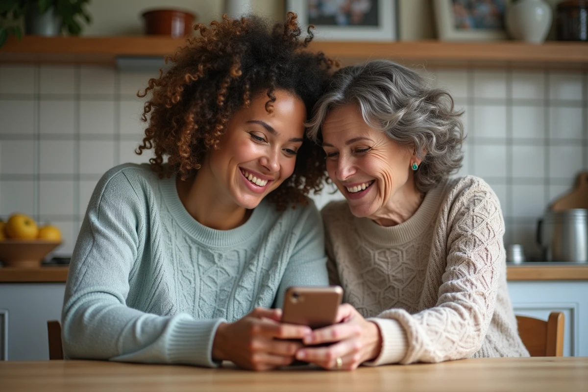 Femme souriante montrant son smartphone à une autre dans la cuisine