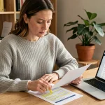 Femme consultant un document de changement d'adresse à son bureau avec un ordinateur portable ouvert sur un formulaire en ligne