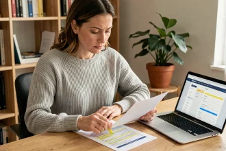 Femme consultant un document de changement d'adresse à son bureau avec un ordinateur portable ouvert sur un formulaire en ligne