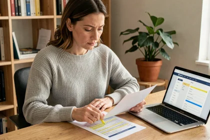 Femme consultant un document de changement d'adresse à son bureau avec un ordinateur portable ouvert sur un formulaire en ligne