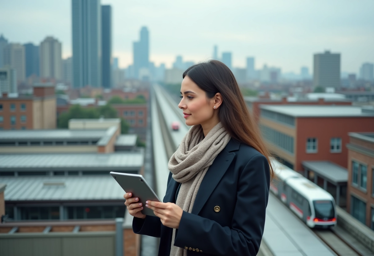 Femme observant la ville depuis un rooftop avec tablette