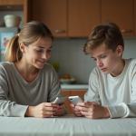 Femme et adolescent sur smartphone à la cuisine