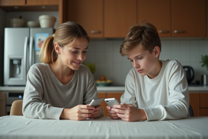 Femme et adolescent sur smartphone à la cuisine