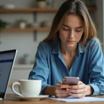 Jeune femme regardant son smartphone dans la cuisine