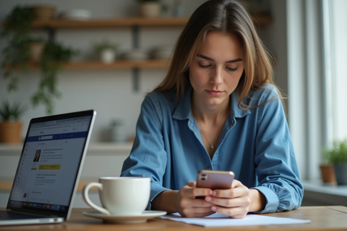 Jeune femme regardant son smartphone dans la cuisine