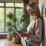Femme ajustant un thermostat intelligent dans un salon moderne