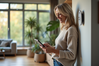 Femme ajustant un thermostat intelligent dans un salon moderne