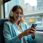 Femme souriante dans un train en déplacement