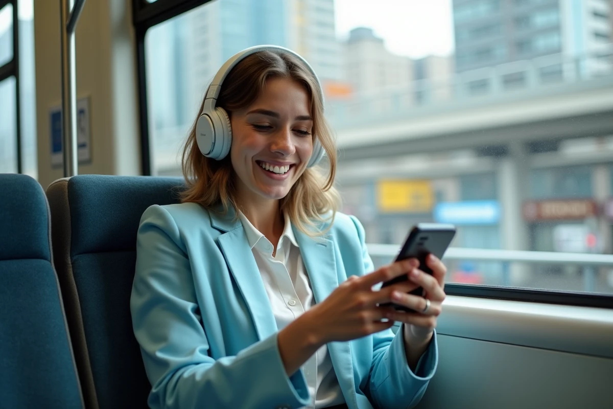 Femme souriante dans un train en déplacement