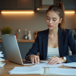 Jeune femme concentrée à son bureau cuisine
