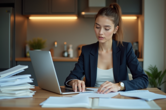Jeune femme concentrée à son bureau cuisine