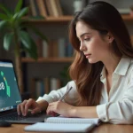Jeune femme concentrée travaillant sur son ordinateur à la maison