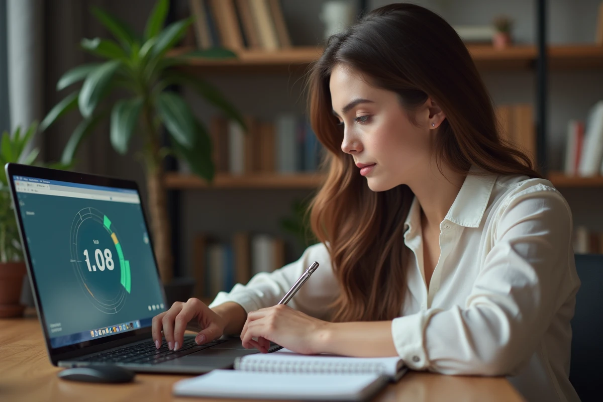 Jeune femme concentrée travaillant sur son ordinateur à la maison