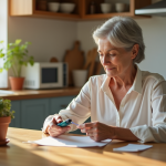 Femme vérifiant son taux de sucre au matin dans la cuisine