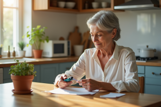 Femme vérifiant son taux de sucre au matin dans la cuisine