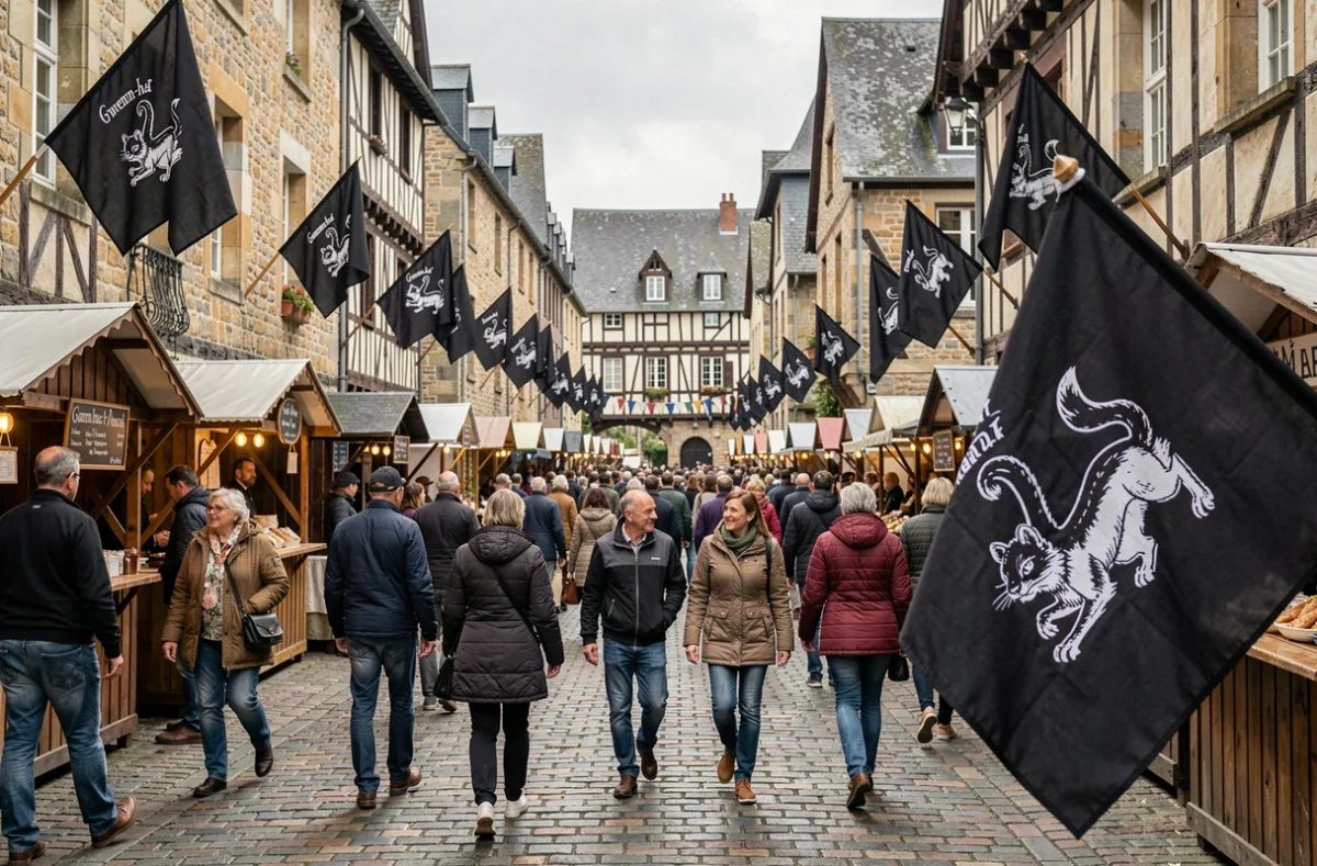 Scène de festival culturel breton à Rennes avec de nombreux drapeaux Gwenn-ha-Du ornant les bâtiments en pierre et les étals en bois d'une place pavée animée