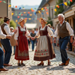 Groupe de personnes âgées en costumes traditionnels lors d'une fête rurale