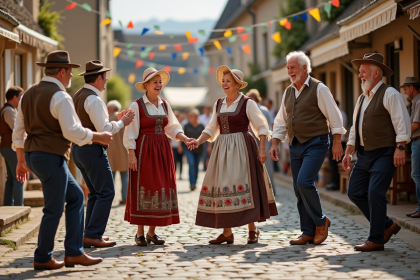 Groupe de personnes âgées en costumes traditionnels lors d'une fête rurale