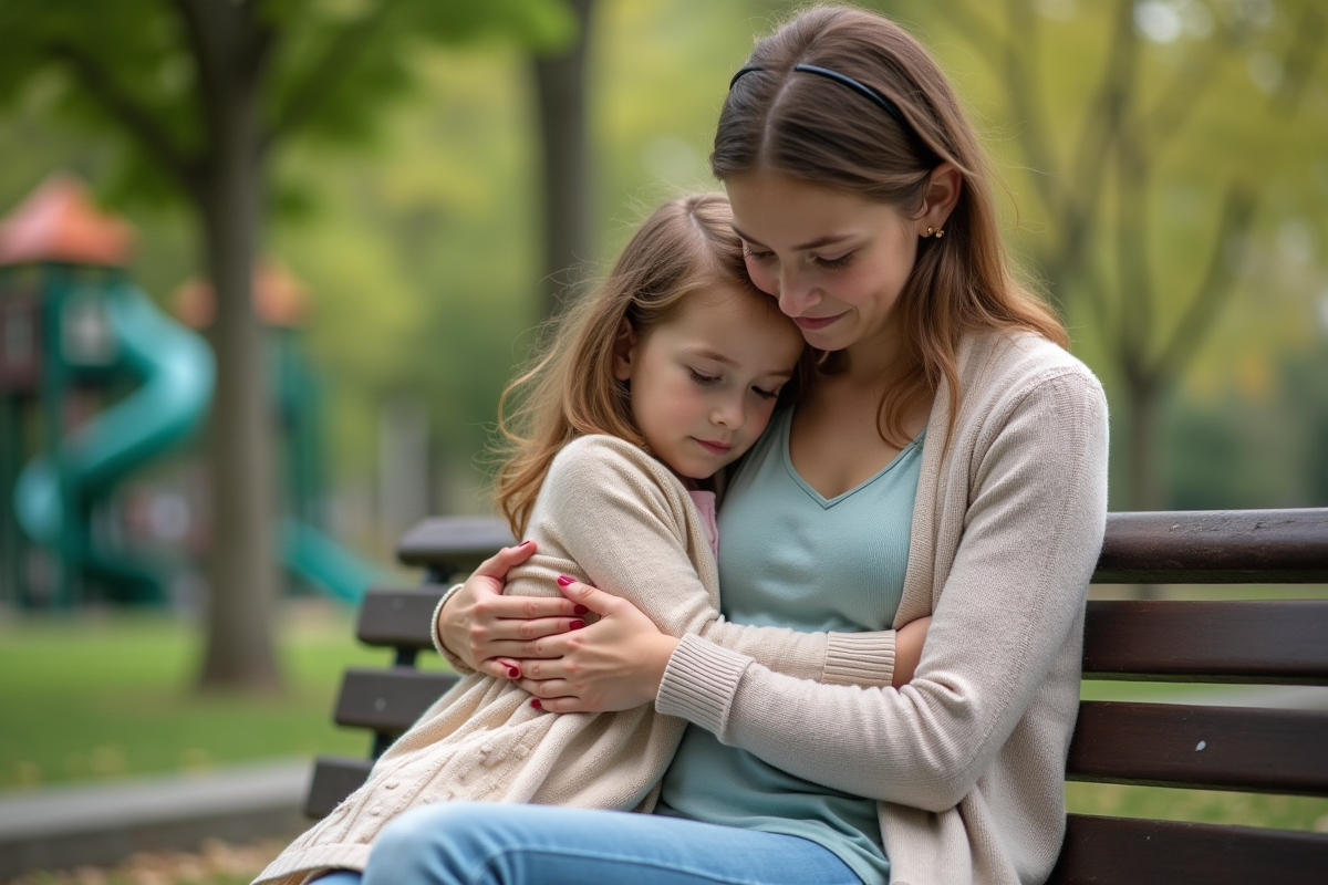 Fille de 6 ans réconfortée par sa mère sur un banc de parc