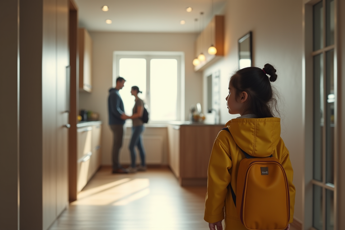 Fille en imper jaune regarde ses parents dans un couloir moderne