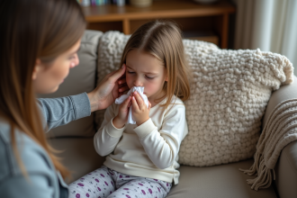 Fille de 7 ans malade sur un canapé à la maison