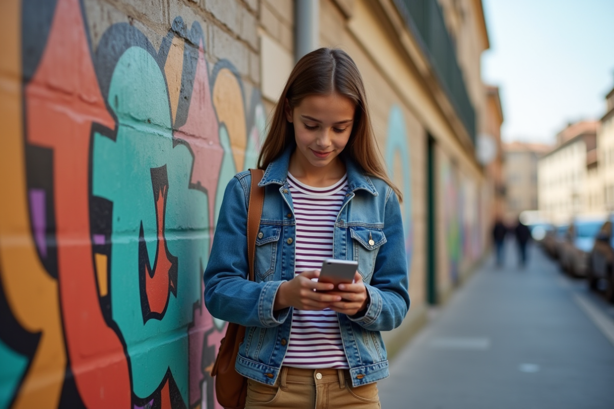 Fille regardant son smartphone devant le street art à Lyon
