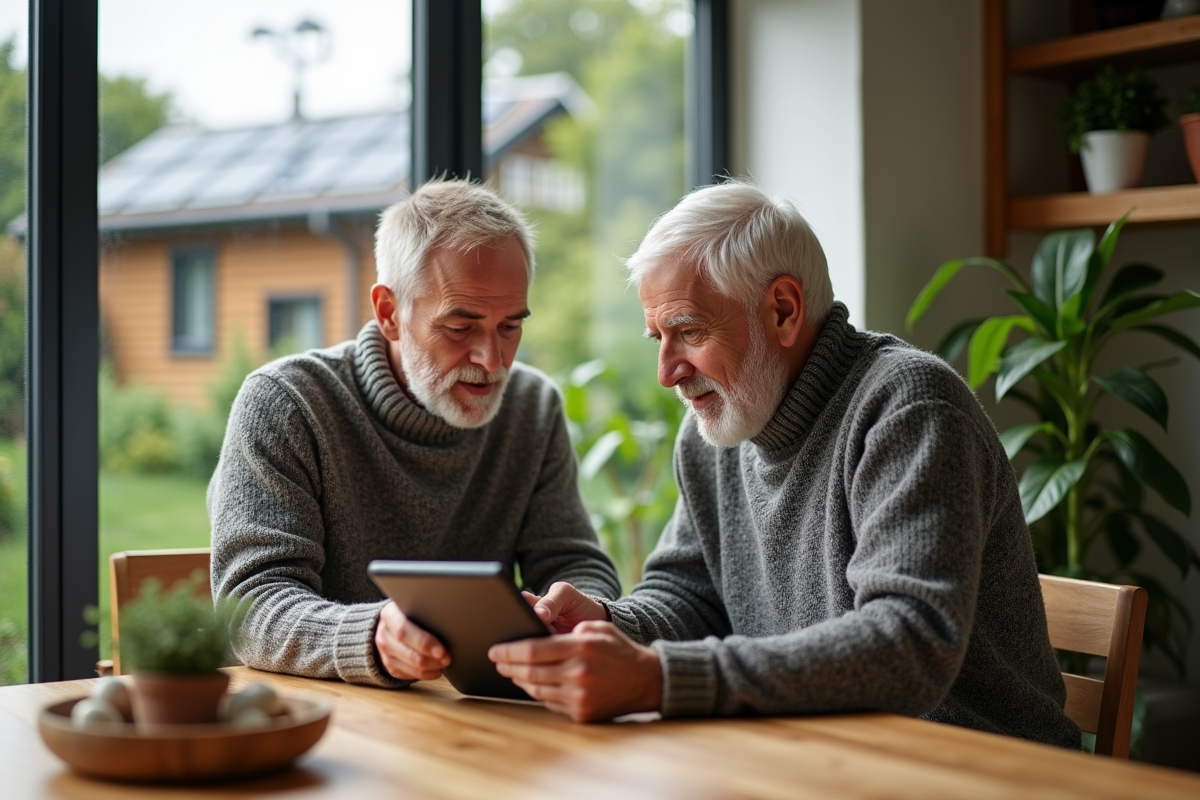 Fils et père regardant un tableau de panneaux solaires dans la cuisine