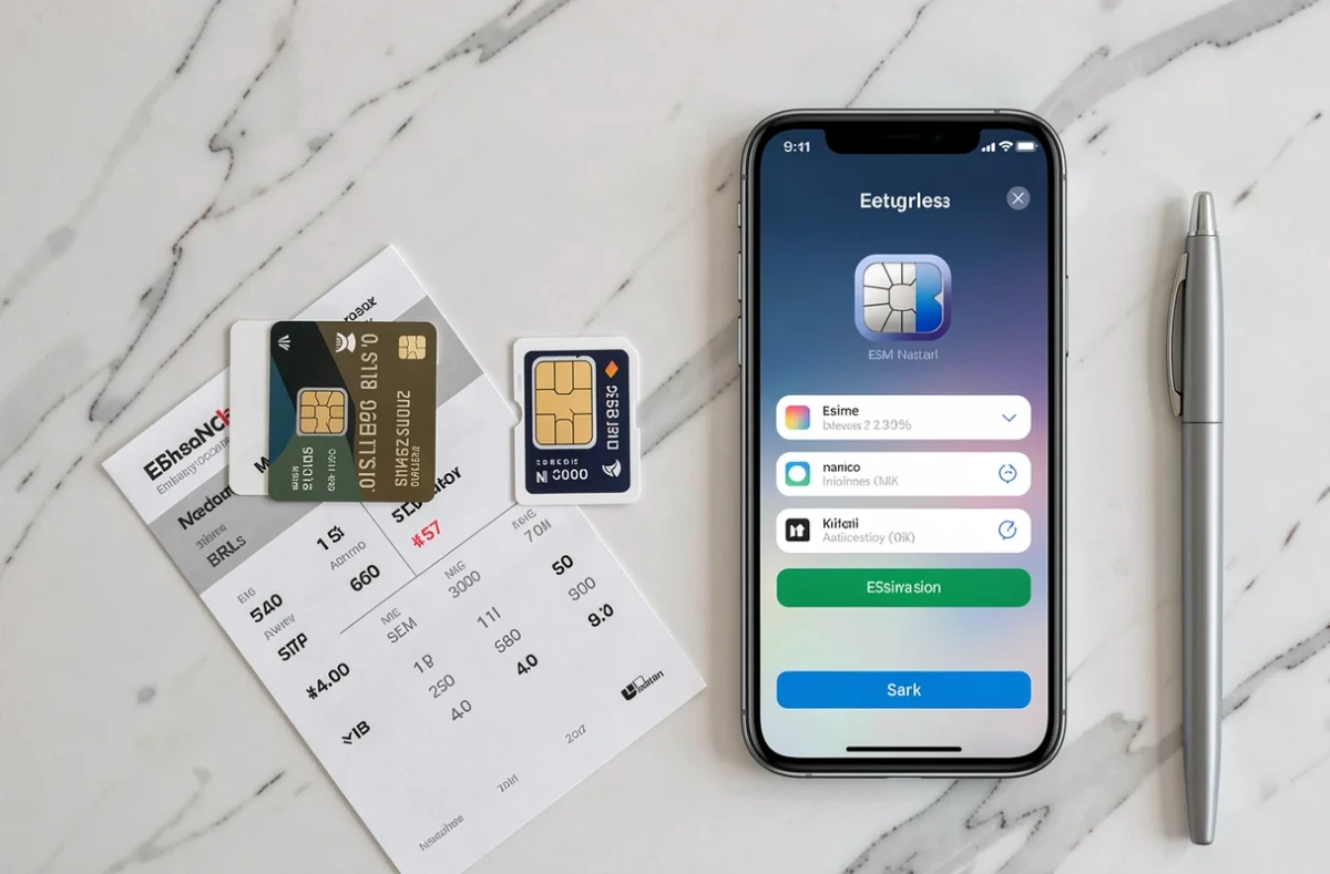 Vue de dessus d'une carte SIM physique et d'un écran d'activation eSIM Orange avec comparatif de prix