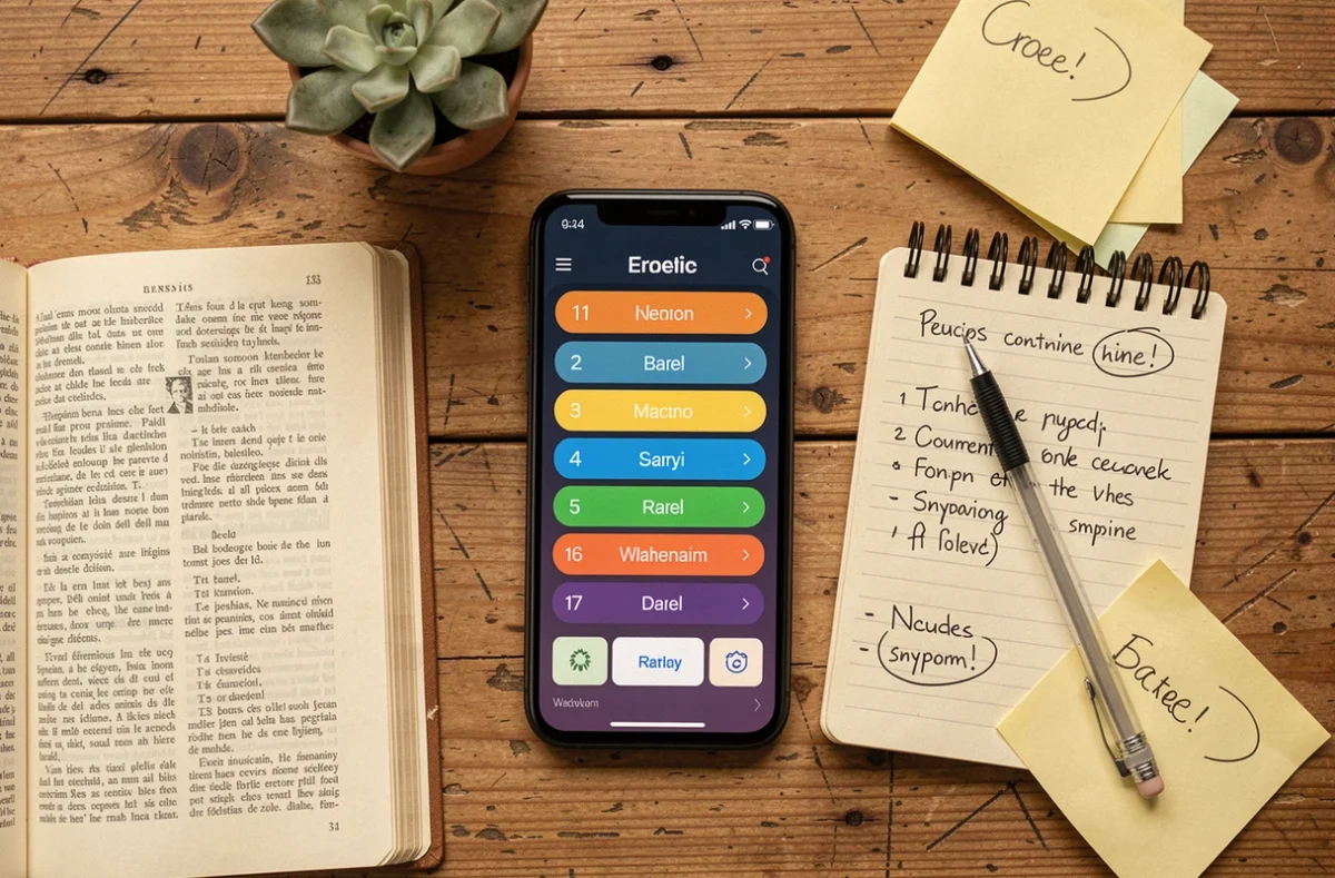 Vue de dessus d'un bureau avec smartphone affichant Cémantix, dictionnaire et notes de vocabulaire pour trouver le mot secret