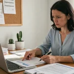 Femme consultant un formulaire administratif avec un code postal de Barcelone, assise à son bureau à domicile entouré de documents officiels
