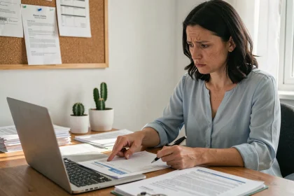 Femme consultant un formulaire administratif avec un code postal de Barcelone, assise à son bureau à domicile entouré de documents officiels