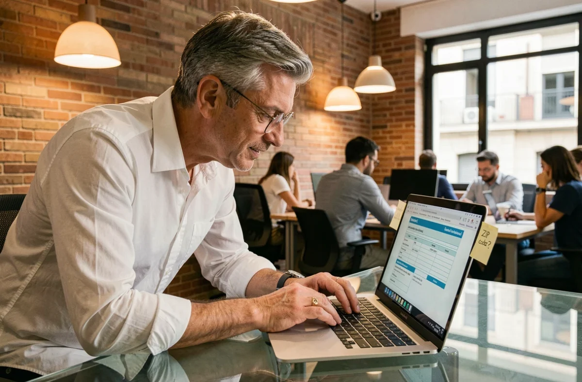 Homme travaillant sur un formulaire administratif espagnol en ligne dans un espace de coworking à Barcelone, cherchant le bon code postal