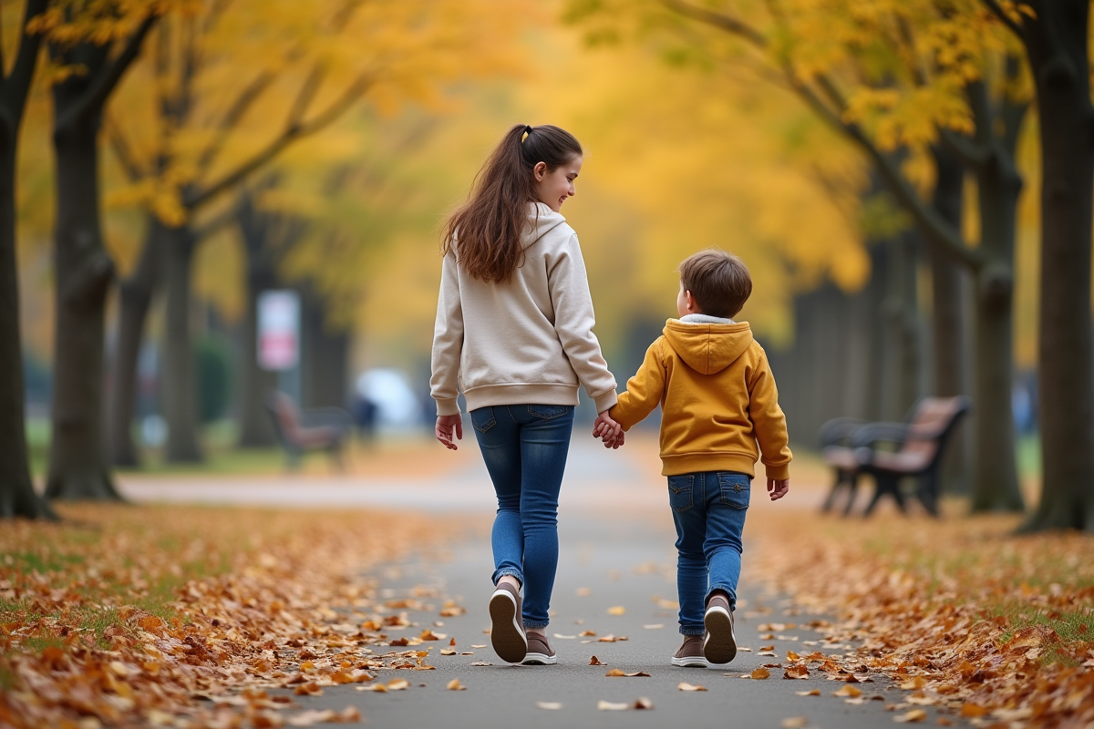 Freres et soeurs marchant dans un parc en automne