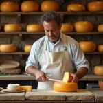 Fromager artisan espagnol découpant une roue de fromage affiné dans une fromagerie traditionnelle
