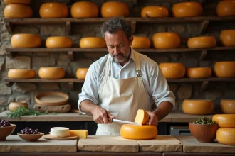 Fromager artisan espagnol découpant une roue de fromage affiné dans une fromagerie traditionnelle