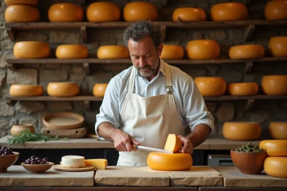 Fromager artisan espagnol découpant une roue de fromage affiné dans une fromagerie traditionnelle