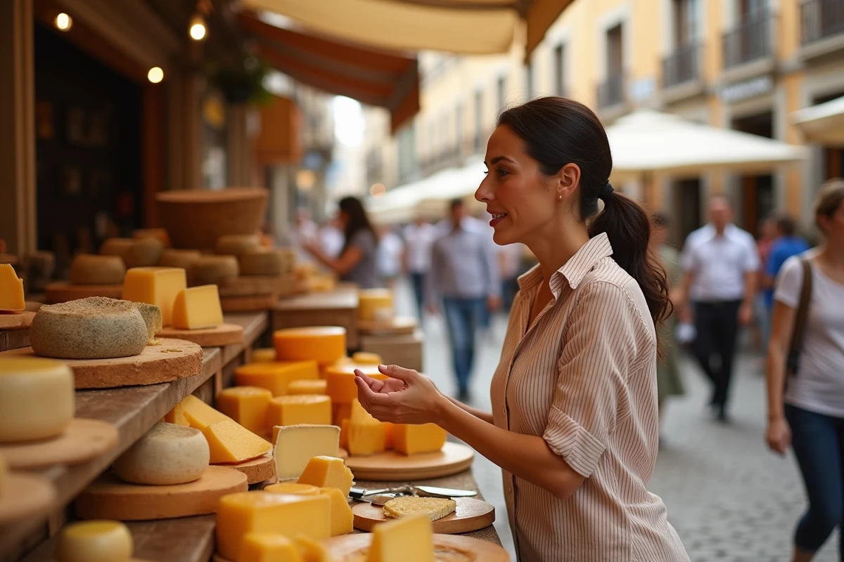 Fromagère espagnole présentant des fromages locaux sur un étal de marché en plein air