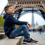 Jeune garçon assis sur les marches de la tour Eiffel