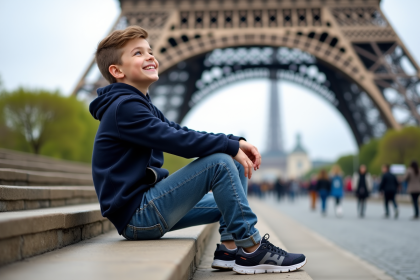Jeune garçon assis sur les marches de la tour Eiffel