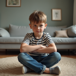 Garçon de 7 ans frustré assis sur le sol du salon