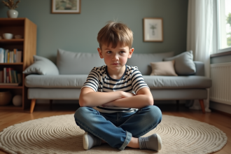 Garçon de 7 ans frustré assis sur le sol du salon