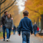 Jeune garçon marche dans un parc urbain avec ses parents