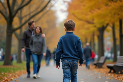 Jeune garçon marche dans un parc urbain avec ses parents