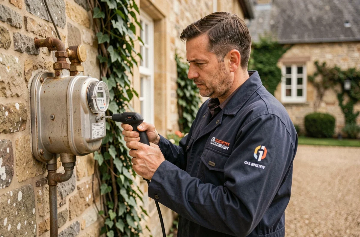 Technicien Gaz'Elec inspectant un compteur de gaz sur une maison normande