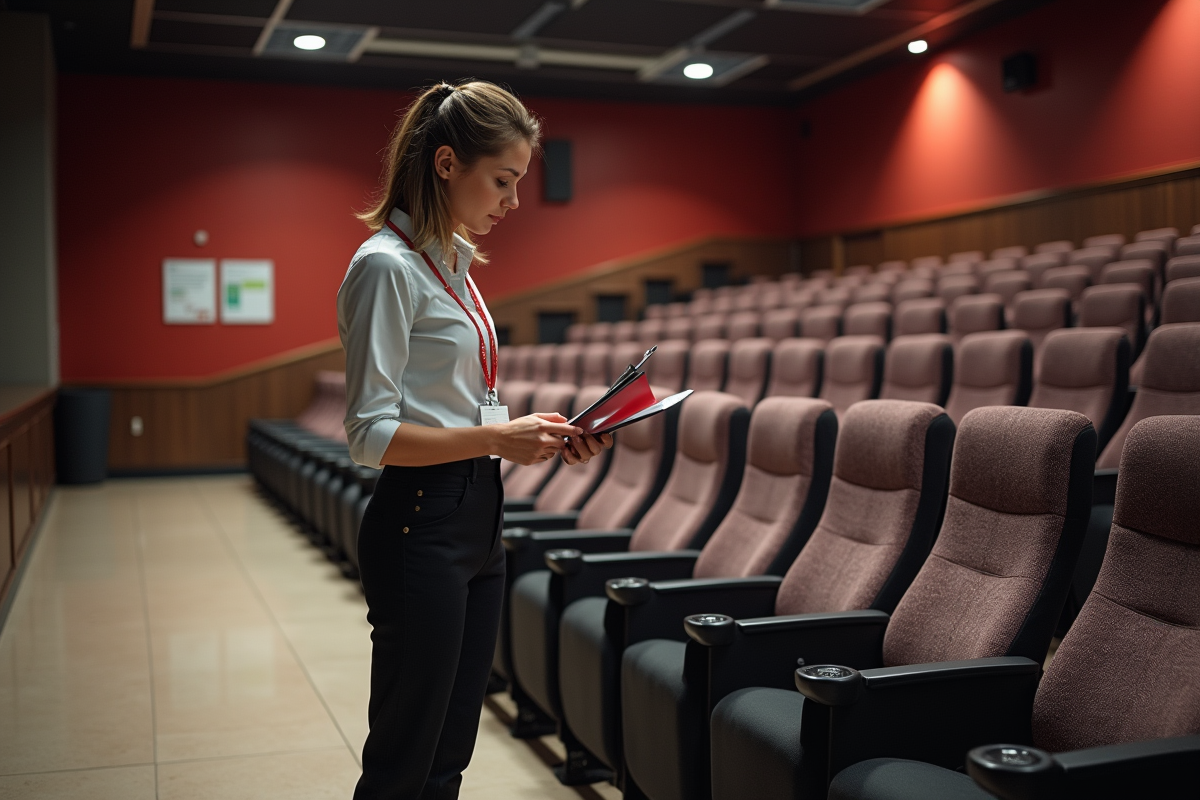 Femme gestionnaire inspectant des sièges dans un hall de théâtre