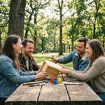Groupe d'adultes construisant une maison à oiseaux en plein air