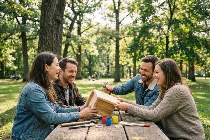 Groupe d'adultes construisant une maison à oiseaux en plein air