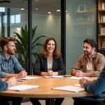 Groupe de personnes adultes autour d'une table de réunion discutant de règles sociales et de normes collectives en milieu professionnel