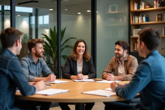 Groupe de personnes adultes autour d'une table de réunion discutant de règles sociales et de normes collectives en milieu professionnel